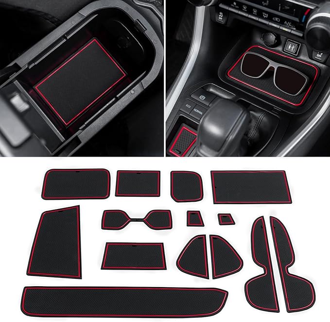 TOPINSTALL Accessorize Interior Liners Compatible with 2019-2024 2025 Toyota RAV 4/2021-2025 RAV4 Prime, Anti Dust Cup Holder Insert, Premium Center Console Rubber Mat, Door Pocket Pad- 16PCS Red Trim