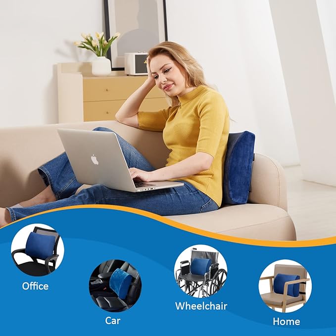SAIREIDER Office Chair Lumbar Pillow, Memory Foam Back Support Pillows for Car、Gaming Chair、 Home Chair, Fatigue Relief Correct Posture, Double Adjustable Straps(Navy Blue)