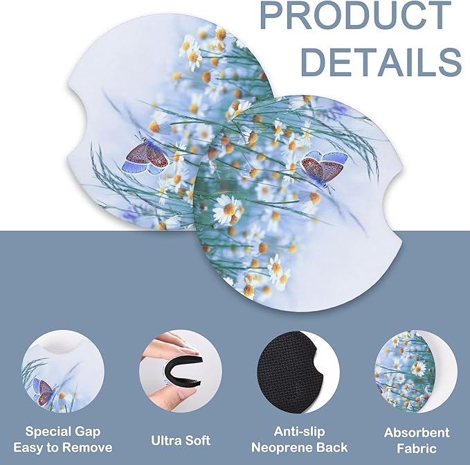 White Daisy Flowers and Butterfly Car Steering Wheel Cover for Women Men with 2 Pcs Car Coasters,Universal 15 Inch Steering Wheel Covers Anti-Slip and Practical Auto Accessories Fit Auto,Suvs