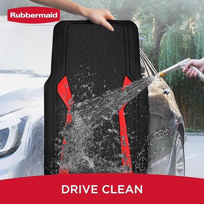 Rubbermaid Car Floor Mats Full Set,Premium Heavy Duty All-Weather Car Mats– Rugged Rubber with Brushed Aluminum Inserts, Universal Trim-to-Fit, Anti-Slip Backing for Cars, SUVs, Trucks & Vans - Red