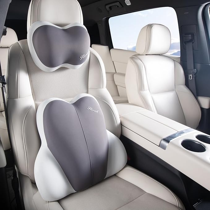 FLORICH Lumbar Support with Car headrest Back Pillow for Chairs Headrest Pillow for Car Ergonomic Ultrathick Memory Foam Back Pillow for Office Chair (Beige Grey)