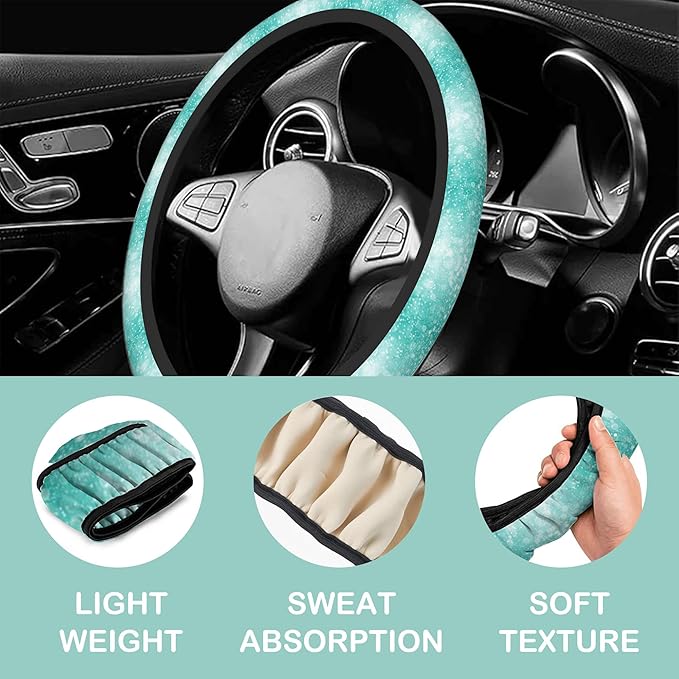 Teal Turquoise Green Glitter Bling Steering Wheel Cover for Women Men,Anti-Slip Breathable Car Steering Wheel Cover Elastic Protection with 2 Pieces Car Coasters,Universal 15" Fit Auto,Suvs,Truck