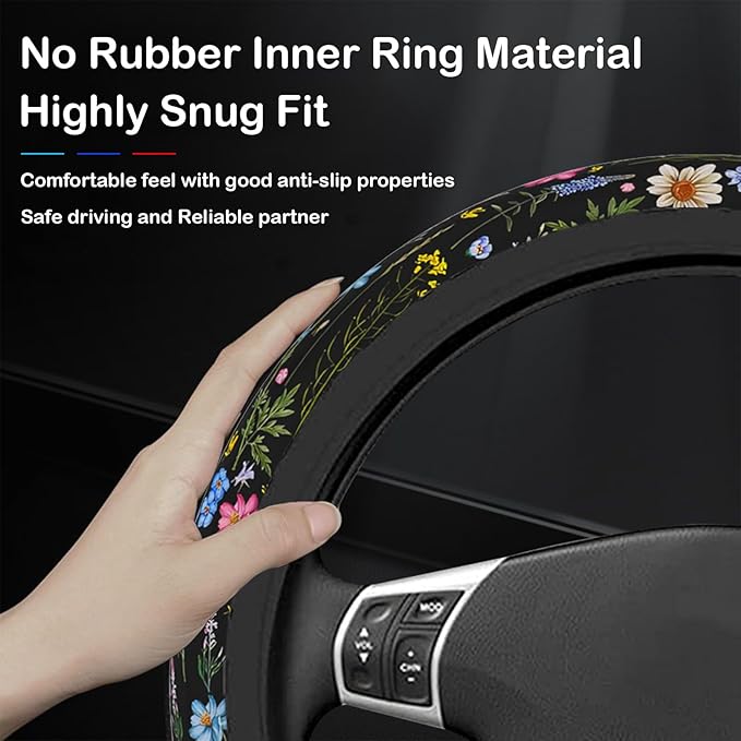 Wildflower Steering Wheel Cover, Flower Car Accessory for Diverse Cars, Steering Wheel Cover Non-Slip Breathable Fabric Absorbing Sweat Universal Car Accessories 14.5–15 inch