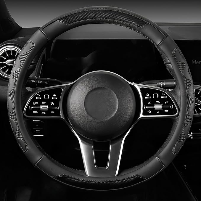 SEG Direct Car Steering Wheel Cover Large Size for F150 F250 F350 Ram 4Runner Tacoma Tundra Range Rover 15 1/2"-16" Embossed Microfiber Leather with Carbon Fiber Pattern Black