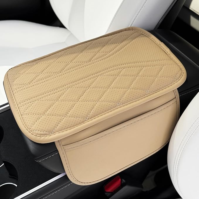 Upgraded Car Center Console Cover Microfiber Leather Armrest Cover Cushion with 2 Storage Bags&Universal Car Armrest Storage Box Universal Car Interior Accessory (2 Pockets, Beige)