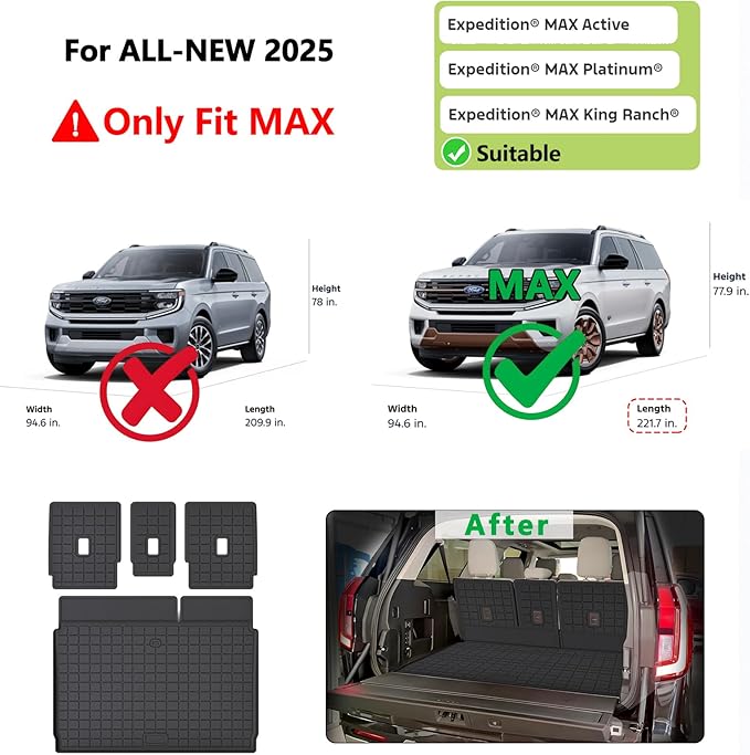 Trunk Mat for 2025 Ford Expedition MAX 7/8 Seats (Only Fit Max) & Backrest Mat,TPE All Weather Protection Cargo Liner with Velcro Rear Seats Backrest Accessories