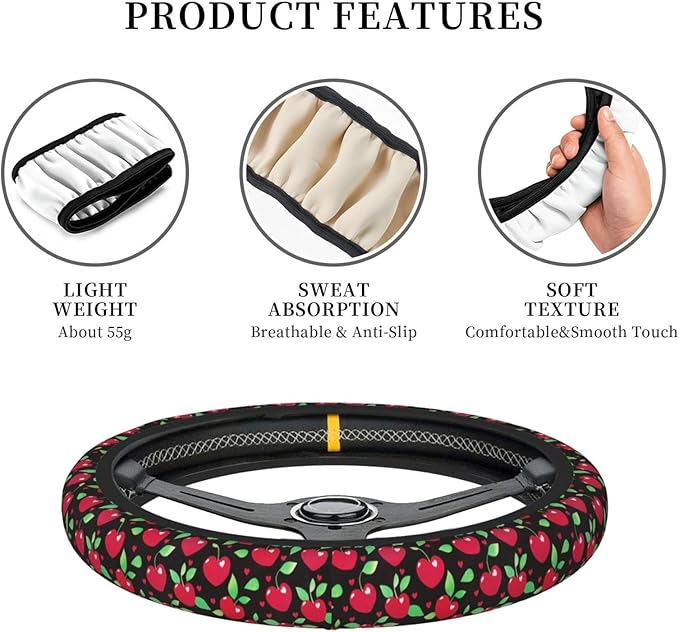 Red Cherry and Hearts Steering Wheel Cover for Women Girls, 15 Inches Anti-Slip Steering Wheel Cover for Auto Truck SUV