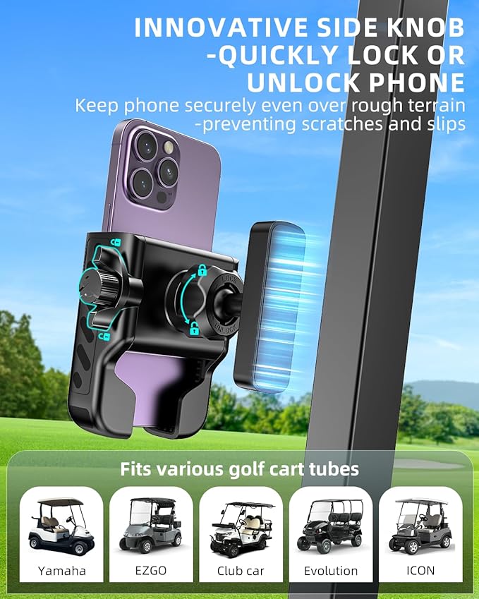 Golf Cart Phone Holder, 360° Adjustable Universal Golf Magnetic Phone Mount Compatible with iPhone Google Pixel EZGO Club Car Yamaha Icon Golf Cart Accessories Golf Gifts for Friend Men Husband Dad