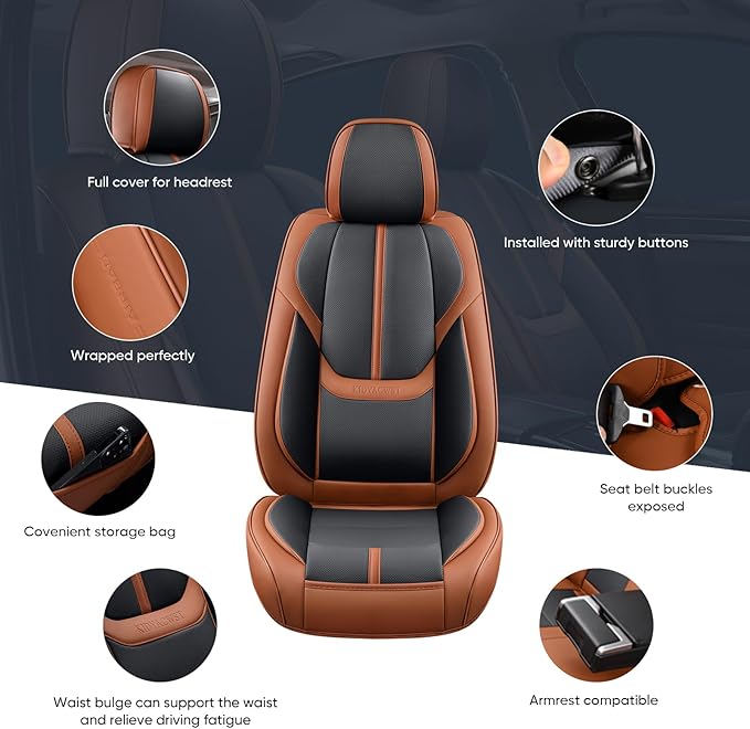 Auto Car Seat Covers Accessories Full Set Leather Cushion Protector Breathable Waterproof Seat Cover for Cars Universal Fit (Brown&Black, FullSet Without Headrest)