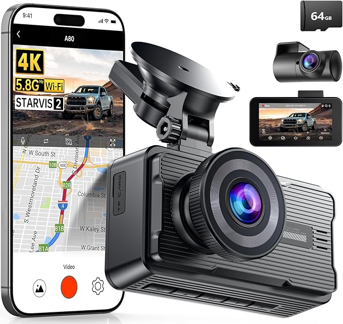 JOMISE 4K Dash Cam Front and Rear, 64GB Card Included, 5.8GHz WiFi Dash Camera for Cars, Built-in GPS, G-Sensor, 180°Wide Angle, 3" IPS Screen Car Camera, 24H Parking Mode, Support 512GB Max