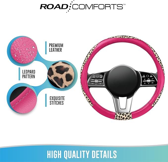 Road Comforts Steering Wheel Cover - Made with PVC Leather and Leopard Fabric - Universal 14 1/2 inches to 15 inches for Most Automotive Steering Wheel - Cheetah Print -Hot Pink