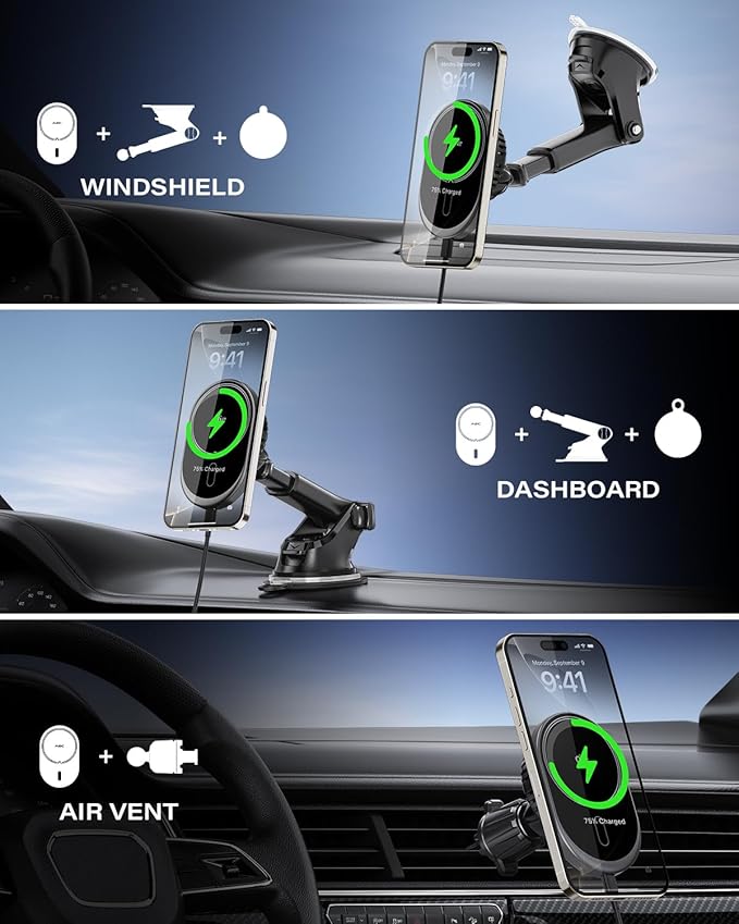 A2C for MagSafe Car Mount Charger, QI2 15W Wireless Car Charger with Semiconductor Cooler, Magnetic Car Charger for iPhone 17 16 15 14 13 12, Dash+Windshield+Vent Mount, PD 30W Adaptor Included