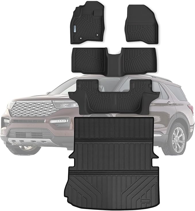Floor Mats & Large Trunk Mat for 2015-2017 2018 2019 Ford Explorer，TPE All Weather Protection Car Floor Liners with Foldable Big Cargo Liners Accessories