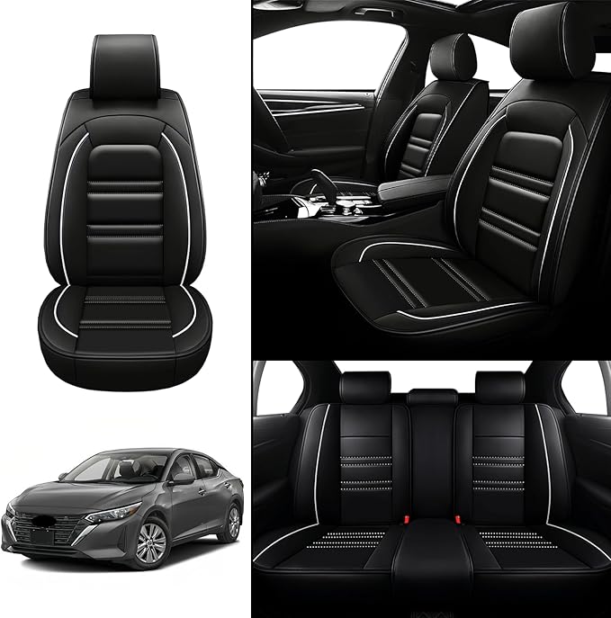 Seat Covers for Nissan Car sentra 2000-2025 | 5-Seats Leather Seat Covers, Easy to Install Automotive Seat Covers Full Set (Full Set, Black&White Line)