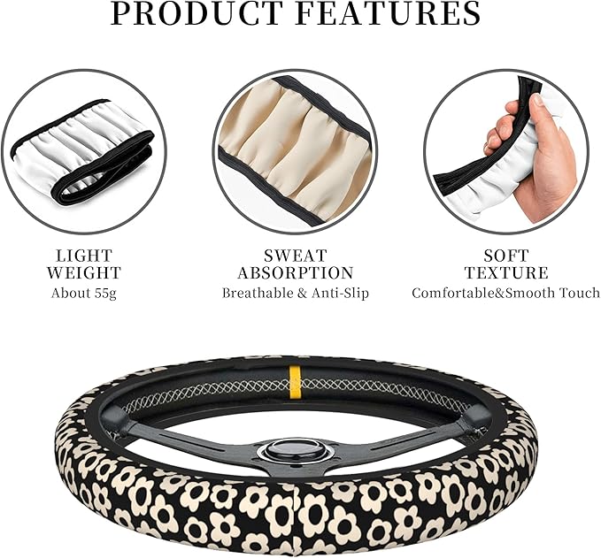 White Flower Cute Steering Wheel Cover for Women, Universal 15 inch Breathable Anti Slip Steering Wheel Covers for Cars, Auto, SUVs