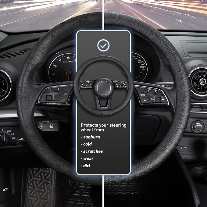 SEG Direct Black Car Steering Wheel Cover Small Size 14-14.25 inch (35.5-36 cm), for Prius Civic Model 3 Model Y Camaro, Breathable Microfiber Leather