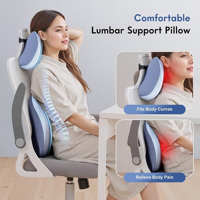 FLORICH Lumbar Support Pillow and Neck Pillow for Office Chair Car, Ergonomic Memory Foam Back Support for Office Gaming Chair Driving Seat Wheelchair, Relieves Neck, Back & Sciatica Pain – Blue