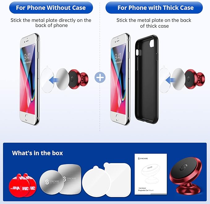 SYNCWIRE Magnetic Phone Car Mount, Car Phone Holder for Dashboard, Cell Phone Car Kits, 360° Adjustable Magnet Cell Phone Mount Compatible with iPhone, Samsung, LG, GPS, Mini Tablet - Red