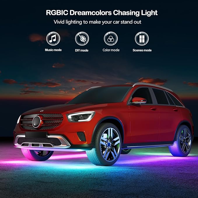 Underglow Car Lights, 4 pcs RGB-IC Smart LED Lights with APP and Remote Control, 16 Million Colors DIY Sound Active Function Music Mode, Underglow Kit for Car, SUVs, Trucks (Dream Color)