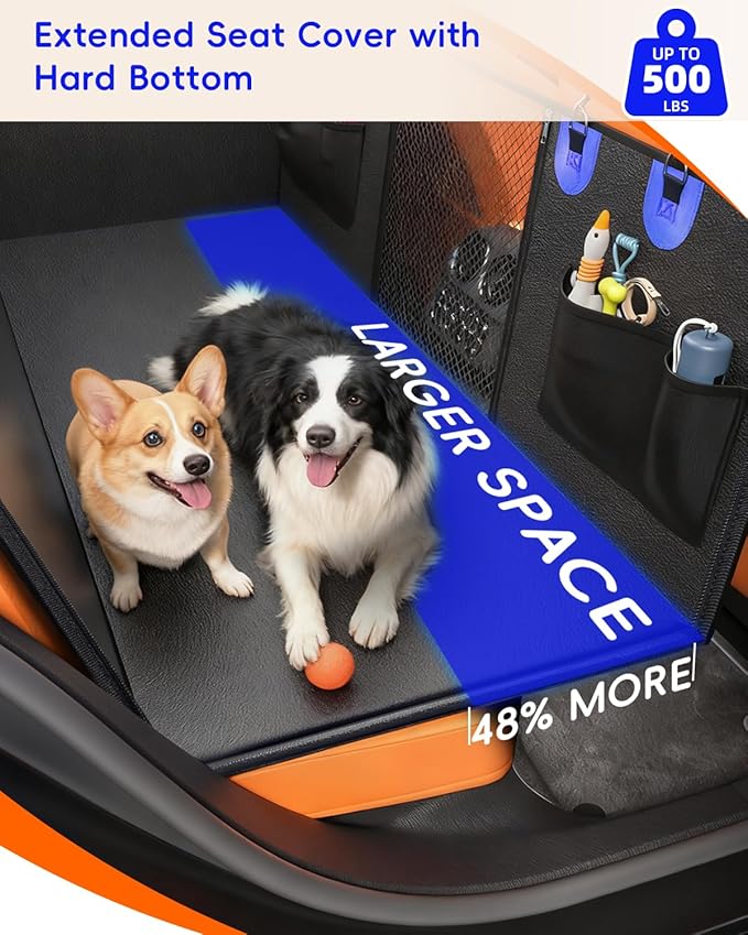 2-In-1 Convertible Hard Bottom Dog Hammock for Car, 100% Waterproof PU Leather Backseat Cover with Zipper Side Flaps, Non-Slip Extender for Large/Elderly Dogs & Multi-Dog Families,Fits SUV/Truck/Sedan