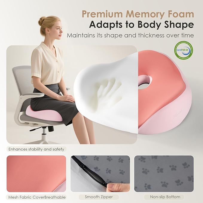 FLORICH Seat Cushion, Memory Foam Seat Cushion for Car Office Chair, Ergonomic Office Seat Chair Cushion for Sciatica Pain Relief, Larger Seat Cushion for for Long Sitting Office Workers - Pink