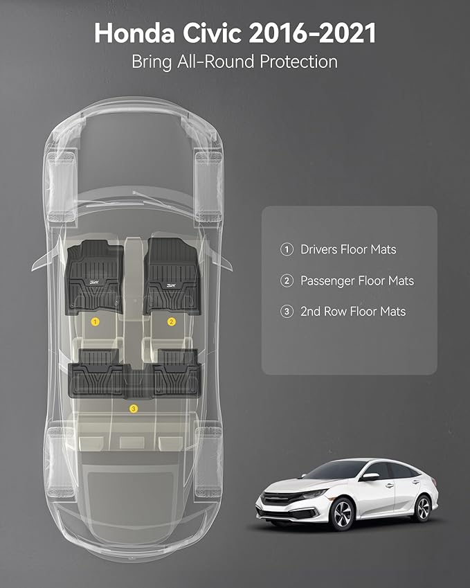 3W Floor Mats Fit for Honda Civic Sedan 2016-2021 & Hatchback 2017-2021 & Coupe 2016-2020, Custom Fit Floor Liner for 1st 2nd Row Full Set TPE All-Weather Car Liners