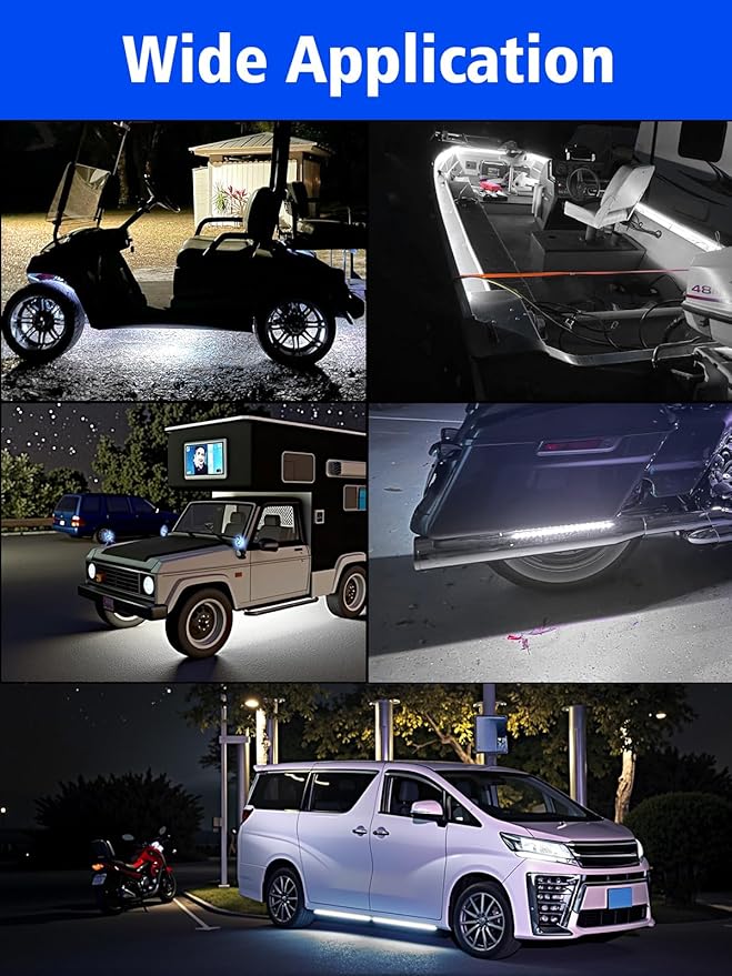 YM E-Bright 4Pcs Led Strip Lights for Car, 12inch Waterproof IP68 Car Underglow Strip Lights Decoration 18SMD 12V Led Interior Exterior Lights Strip for Cars Motorcycles Truck Golf Cart Boat - White