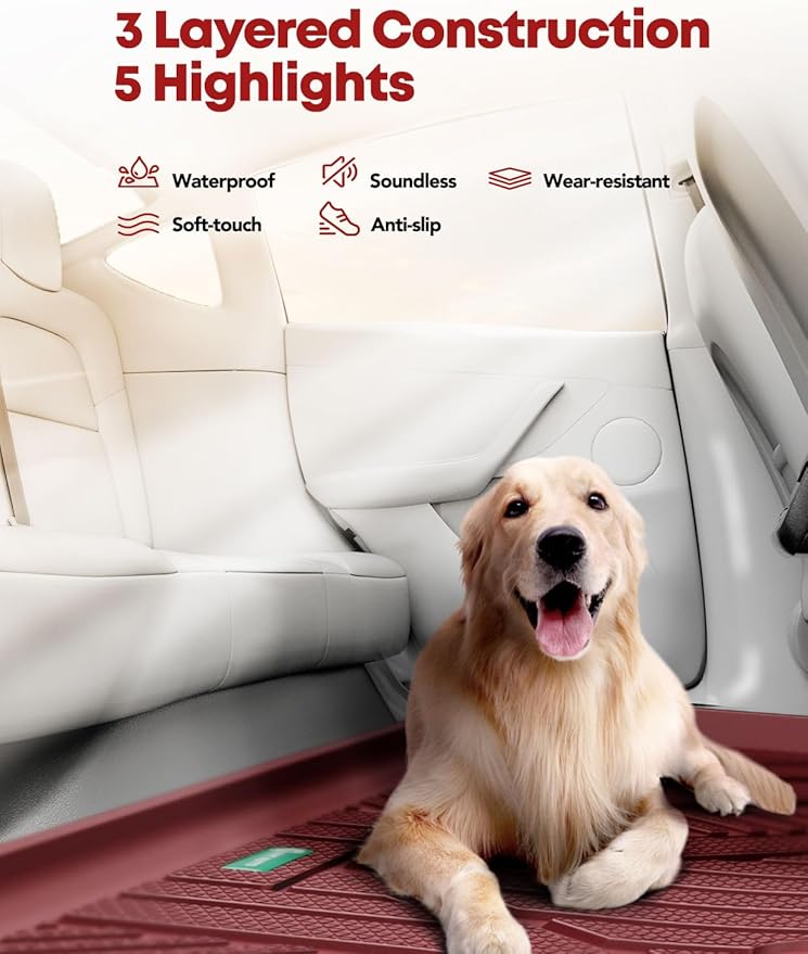 YHTAUTO Custom Fit Red Floor Mats for 2024 2025 Tesla Model 3 Highland, All Weather TPE Car Mats Carpet, Front Rear Trunk Cargo Liner, Rear Storage Liner Mats, Anti-Slip Waterproof Orderless, Set of 6