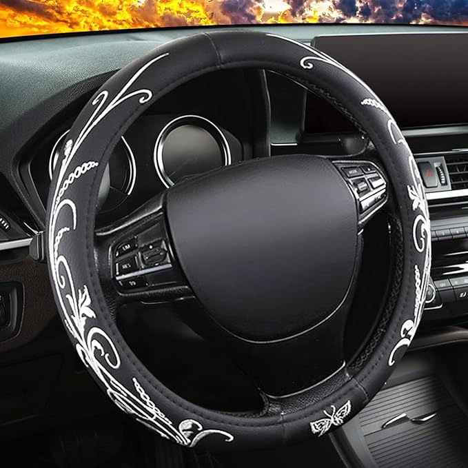 White Embroidery Butterfly Car Steering Wheel Cover,14.5-15 Inch Universal Leather Covers Breathable Anti-Slip Odorless Steering Wheels Accessories for Men Women