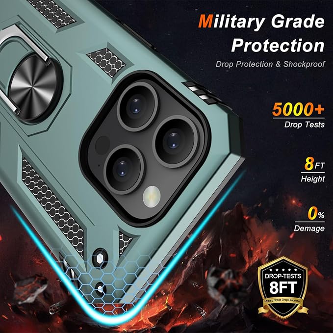 IKAZZ for iPhone 14 Pro Case 6.1 Inch with Screen Protector,Military Grade Shockproof Heavy Duty Protective Phone Cover Pass 16ft Drop Test with Magnetic Kickstand Car Mount Holder,Pine Green