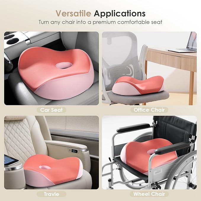 FLORICH Seat Cushion, Memory Foam Seat Cushion for Car Office Chair, Ergonomic Office Seat Chair Cushion for Sciatica Pain Relief, Larger Seat Cushion for for Long Sitting Office Workers - Pink