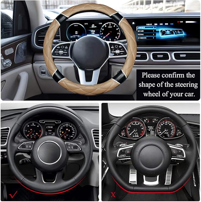 Steering Wheel Cover 15Inch Soft Microfiber Leather Fashion Anti-Slip Odorless Universal for Auto/Truck/SUV/Van (Beige-Black)