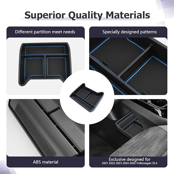 LUWU 2025 ID4 Lower Center Console Tray Storage Box for 2021 2022 2023 2024 2025 ID.4 Accessories 2025 ID 4 Armrest Console Organizer ABS Material Blue-trim