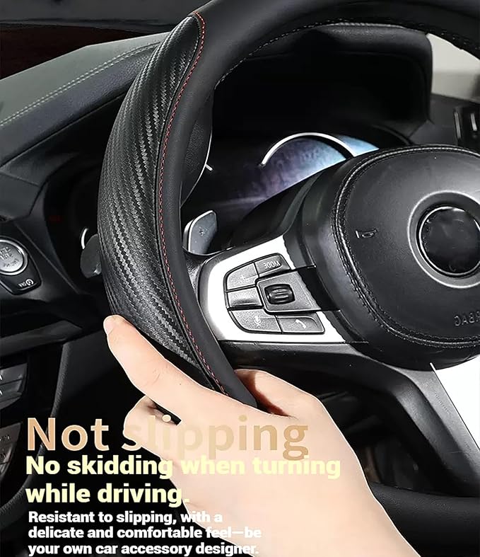 Premium Leather Steering Wheel Cover with Carbon Fiber Texture, Non-Slip Grip, Universal Fit for 14.5-15 Inch Wheels