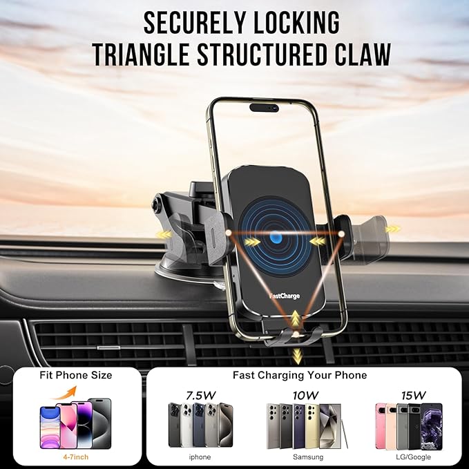 Wireless Car Charger, Fast Charging 15W Auto Clamping Car Charger Phone Holder Phone Mount for iPhone16 15 14 13 12 11 Pro Max Xs, Samsung Galaxy S24 Ultra S23 S22 S21 S20 S10+ Note 9, etc
