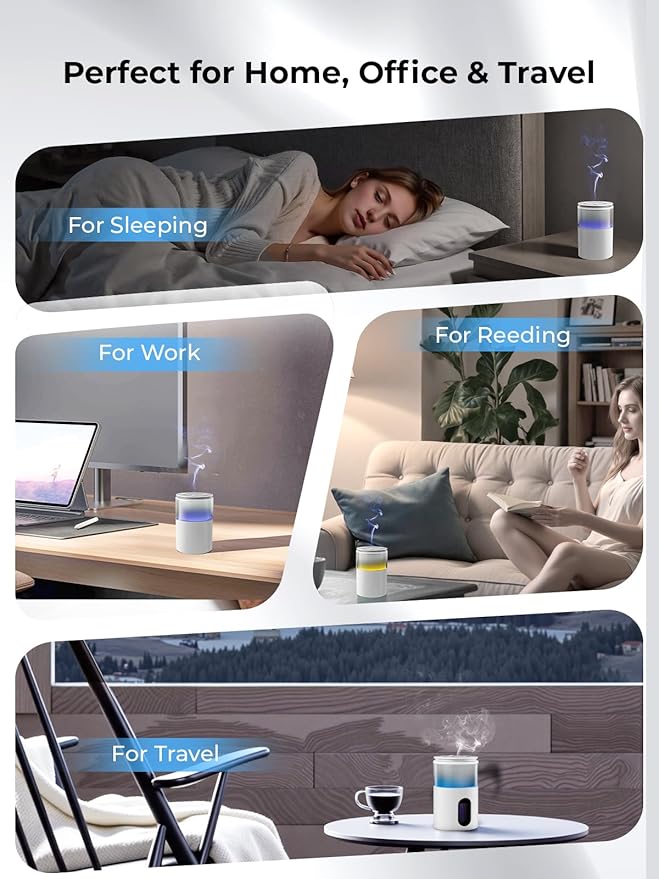 Waterless Diffuser for Essential Oil: Mini Battery Scent Diffuser for Room&Home&Car with 9 Colors LED Light - Aroma Cool Mist Snow White