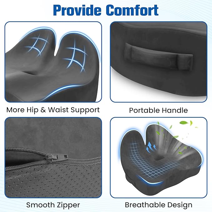 Seat Cushion, Chair Cushions for Office Chairs/Desk Seats/Wheelchair - Hip&Sciatica&Tailbone Pain Relief Memory Foam Office Chair Cushion for Long Sitting Office Workers, Grey