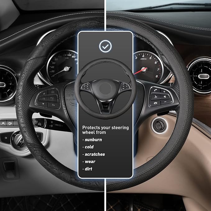 SEG Direct Black Car Steering Wheel Cover Medium Size 14.5-15 inch (37-39 cm), Breathable Microfiber Leather