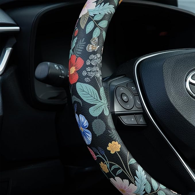 Flowers and Strawberries Steering Wheel Cover Auto Leather Steering Wheel Protector, Anti-Slip, Breathable, Absorbing Sweat, Universal Car Accessories 14.5–15 inch,Fit for Most Car, Trucks, SUV