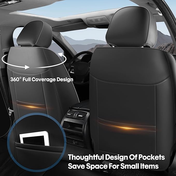 AOOG Front Seat Covers, Car Seat Covers Front Seats, Leather Seat Covers for Cars, Waterproof Seat Covers with Lumbar Support Universal Fit for Most Cars SUV Trucks(Front Pair, Beige&Black)