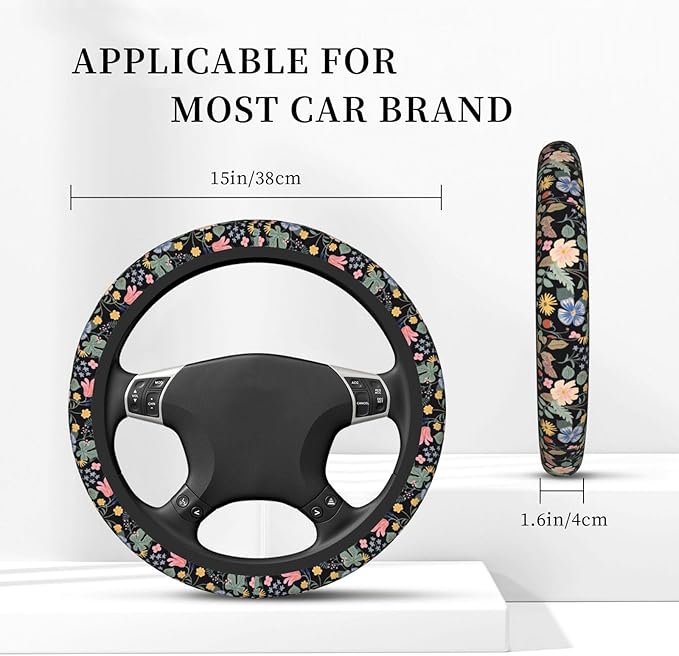 Flowers and Strawberries Steering Wheel Cover for Men Women Universal Car Accessories 15 Inch Neoprene Auto Interior Decor
