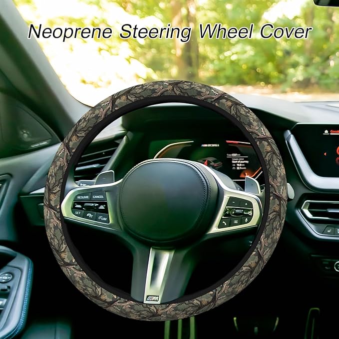 Wood Camo Steering Wheel Covers Green Brown Wood Fall Camouflage Car Wheel Cover 15 Inch Steering Wheel Cover Car Steering Wheel Protective Cover Steering Wheel Cover with Grip