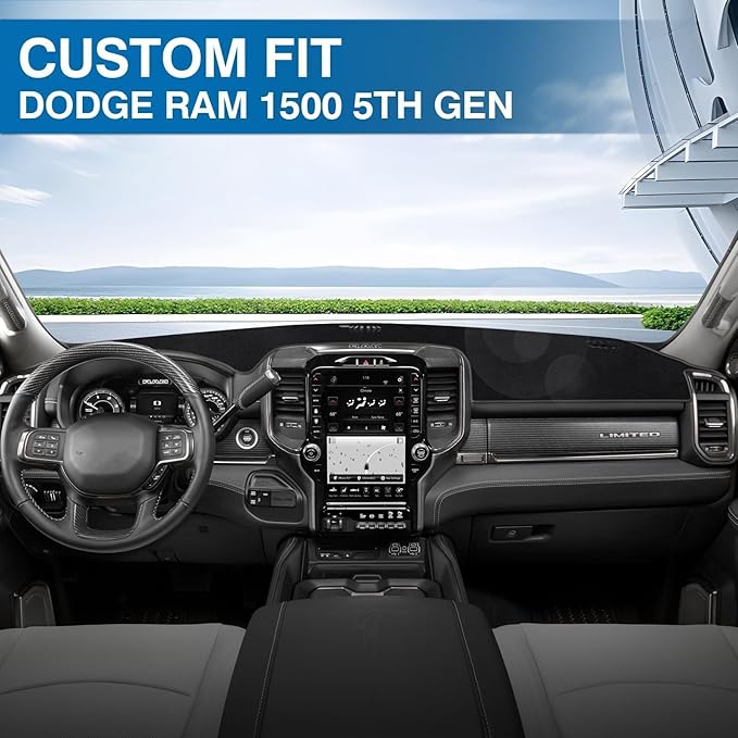 KUST Car Dash Cover for Dodge RAM 1500 2500 3500 2019-2024 2025 2026 Non-Slip Interior for Dodge RAM Accessories Dashboard Cover Custom Fit Dash Mat Sunshade Windshield Glare Black