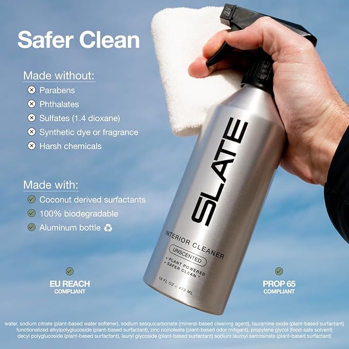 Slate Car Interior Cleaner - Powerful Plant-Based Formula Removes Dirt, Car Seat Cleaner, Vegan Leather Safe, Biodegradable, Prop 65 Compliant - Unscented, 16oz