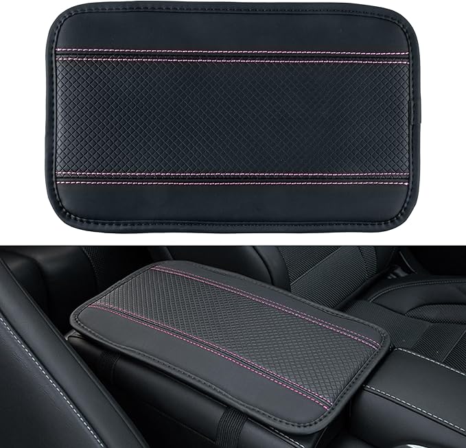 Amiss Car Center Console Pad, Universal Waterproof Car Armrest Seat Box Cover, PU Leather Auto Armrest Cover Protector，Vehicle Interior Accessories fits SUV/Truck/Car (Black-Pink)