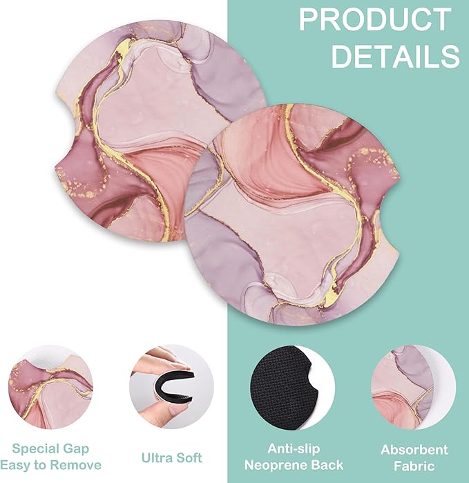 Pink Golden Liquid Marble Steering Wheel Cover for Women Men,Anti-Slip Breathable Car Steering Wheel Cover Elastic Protection with 2 Pieces Car Coasters,Universal 15" Fit Auto,Suvs,Truck