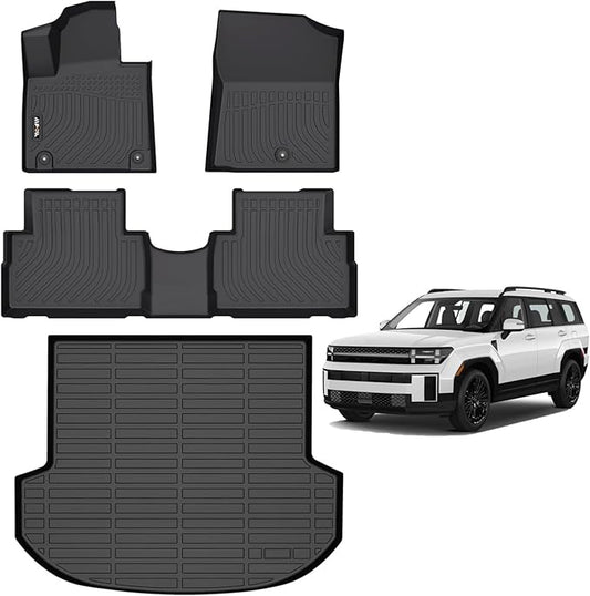 AIPOIL® Floor Mats & Cargo Liner Set for 2021-2023 Hyundai Santa FE (Not for Hybrid) All Weather Protection TPE Anti-Slip Automotive Full Set Custom Car Mats Accessories - Black