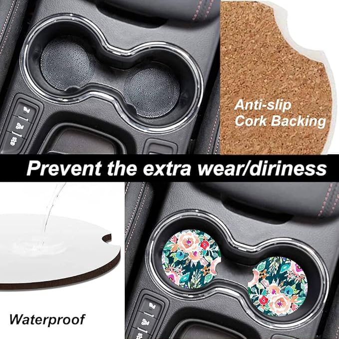 Water Color Floral Absorbent Cup Holders Car Coasters,Ceramic Stone Drinks Coaster Set for Women Man 2.56"(2 Pack)