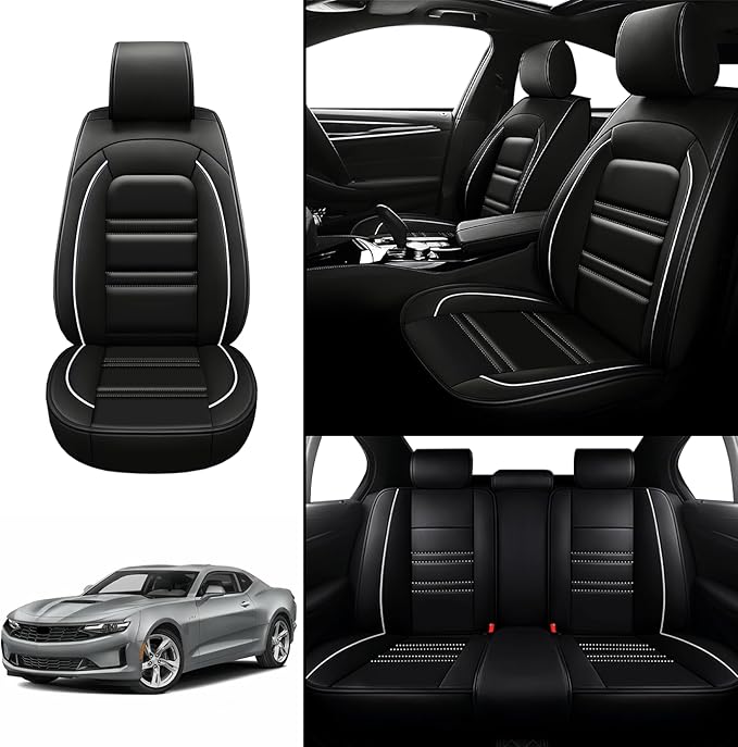 Seat Covers for Camaro 2000-2023 | 5-Seats Leather Seat Covers, Easy to Install Automotive Seat Covers Full Set (Full Set, Black&White Line)