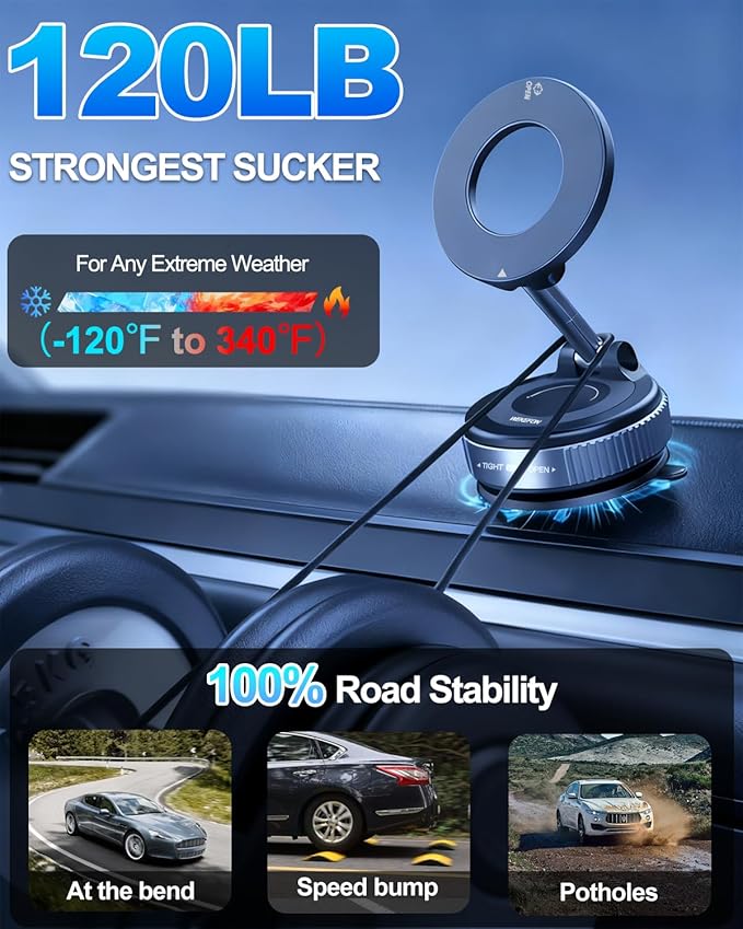 2026 Upgraded Vacuum Magnetic Car Phone Holder for Your Car [120LBS Ultra Suction Cup & 3000gf Magnet] 780° Adjustable Foldable Cell Phone Mount for Magsafe Dashboard Car Bracket for iPhone & Android